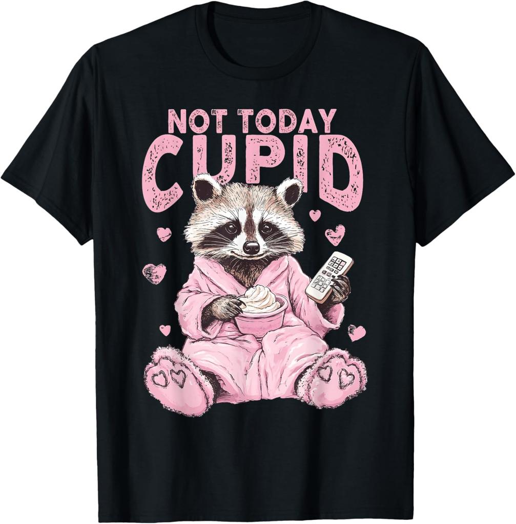 Not Today Cupid Pink Raccoon Funny Anti Valentine's Day Graphic T-Shirt Casual Tee Tops