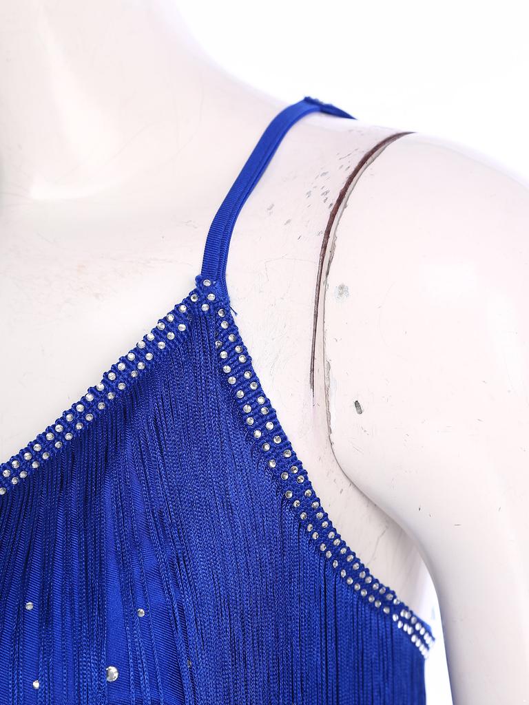 Womens Salsa Dance Top Latin Performance Wear V Neck Sleeveless Crop Top Crisscross Back Fringe Detail