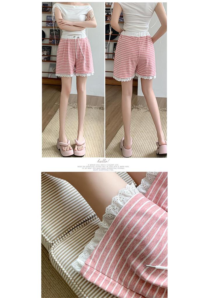 2026 New Style Striped Maternity Shorts with Lace Trim for Petite Women – Casual Wide-Leg Summer Pants Without Belly Support