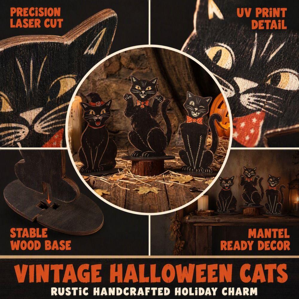3 Pcs Vintage Sitting Cat Statue Wooden Cat Decorative Plaques Desktop Ornaments Halloween Party