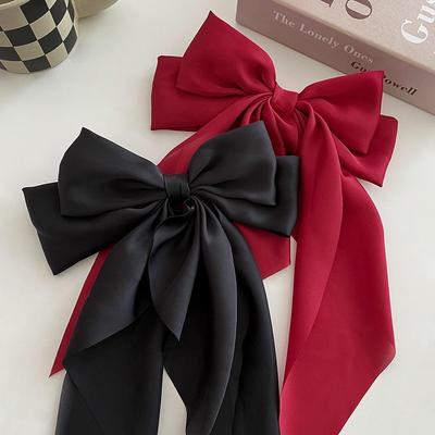 2pcs Women Girls Oversized Black Red Long Ribbon Fabric Bowknot Silk Satin Hair Clip Suitable For Daily Wear Hair Accessories