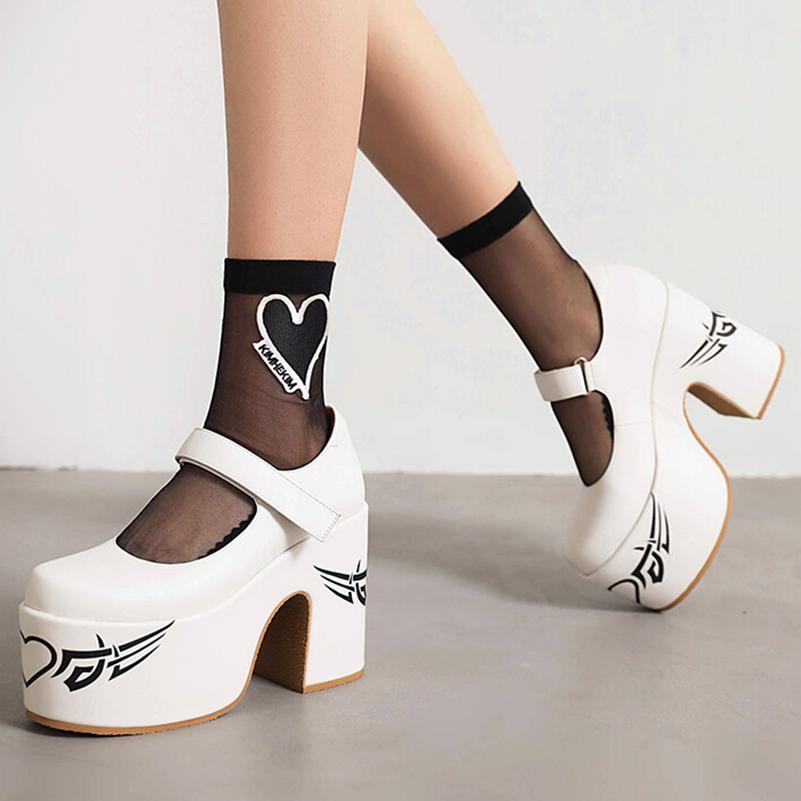 FOREADA Women Pu Leather Pumps Super High Hoof Heels Round Toe Mary Janes Buckle Party Concise Spring Autumn Shoes White Silver