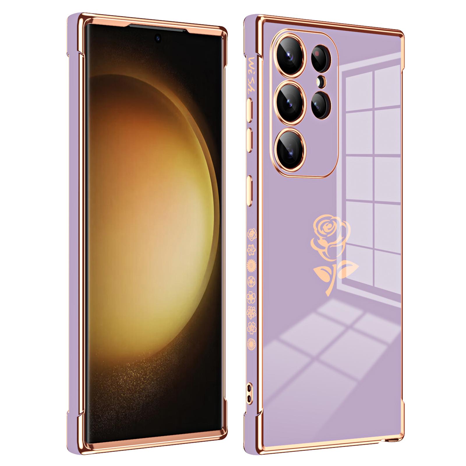 

For Samsung Galaxy S25 Ultra Case Electroplating Edge Rose Pattern TPU Phone Back Cover Airbag Drop Proof Purple