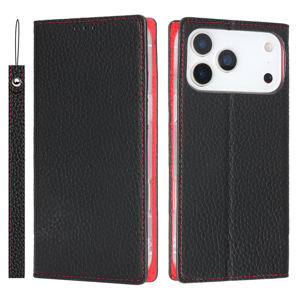 For iPhone 17 Pro Wallet Case Genuine Cow Leather Phone Cover Litchi Texture