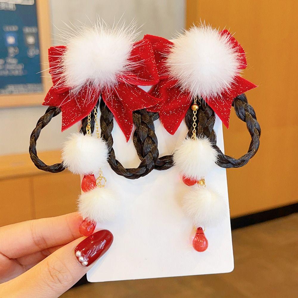 

2pcs Tassel Red Bow Hairpin Chinese Style New Year Side Clip Sweet Wig Braid Hairpin 10