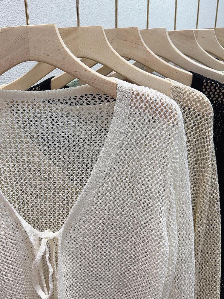 Women's V-Neck Openwork Knit Tie-Up Cardigan - Lightweight Summer Sun Protection Long-Sleeve Top