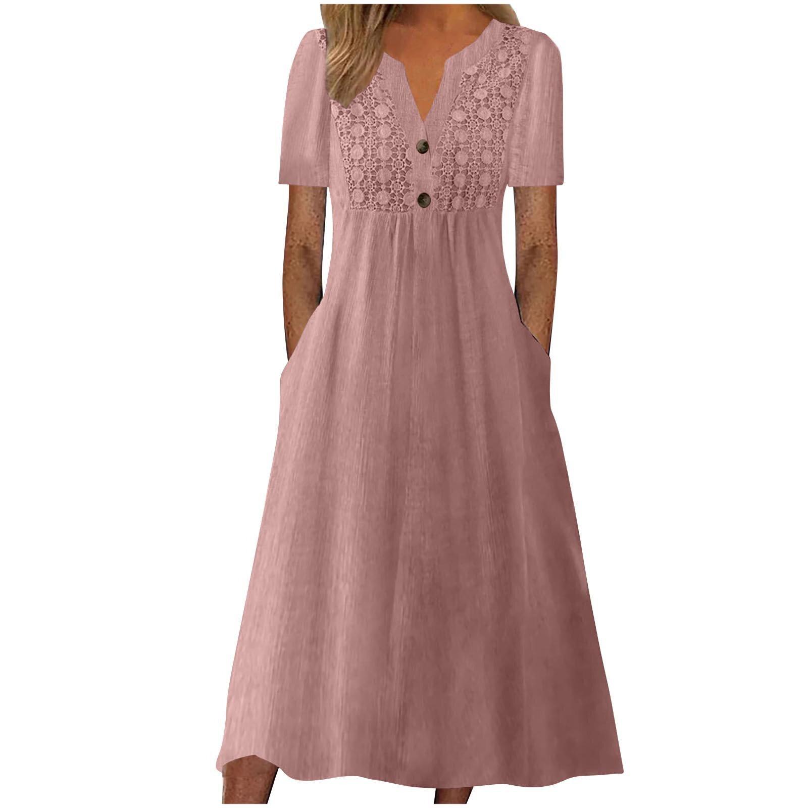 

Летние платья для женщин, платье макси в стиле бохо, платья с коротким рукавом и V-образным вырезом, модное платье с карманами XXL розовый