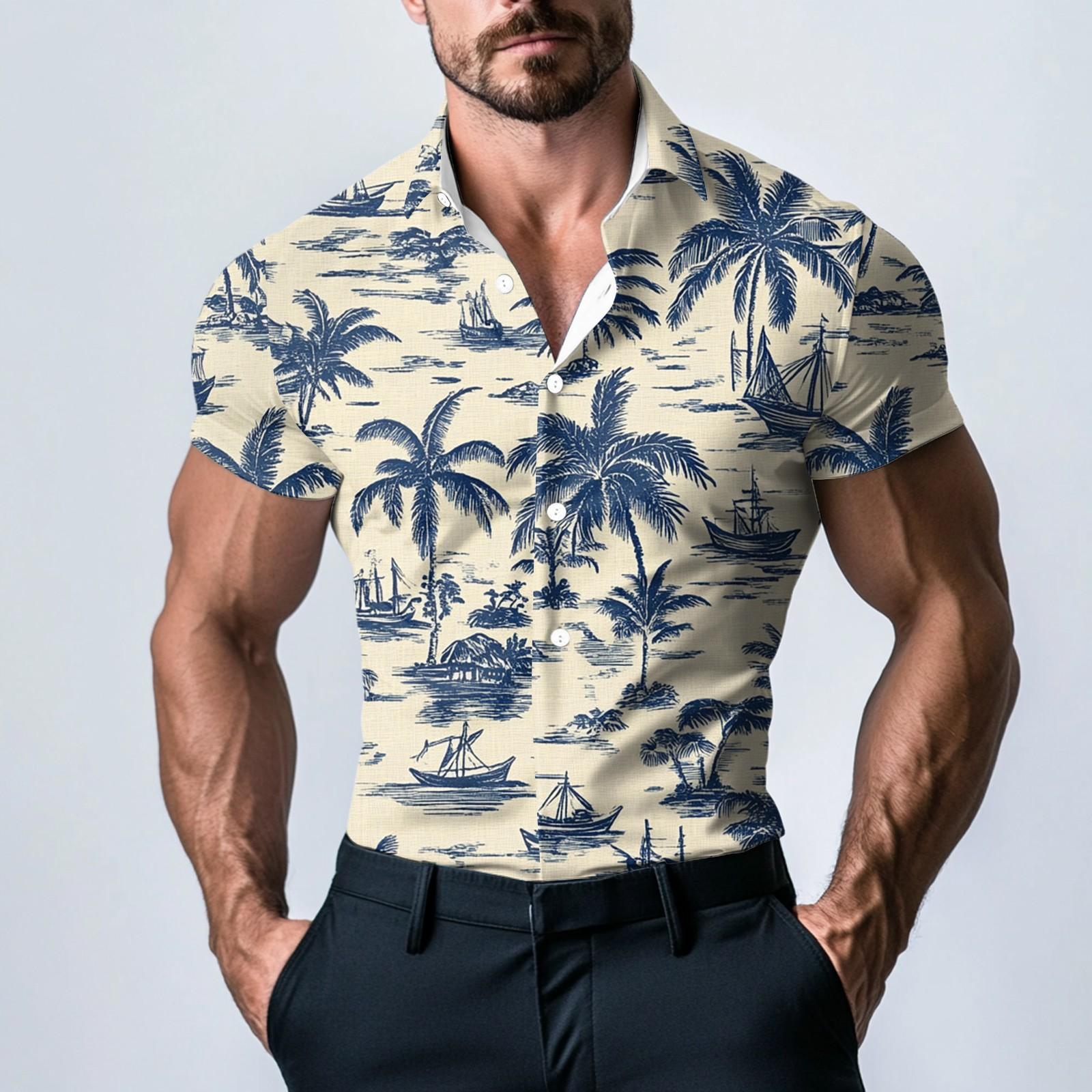 

Чоловіча модна атласна сорочка з короткими рукавами з принтом XXL Темно-синій