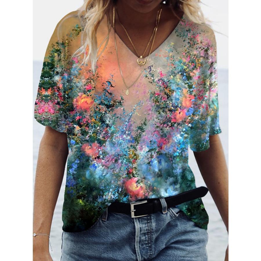 Cat 3D Printed Short Sleeved T-shirt Summer Breathable Polyester Simple V Neck Top