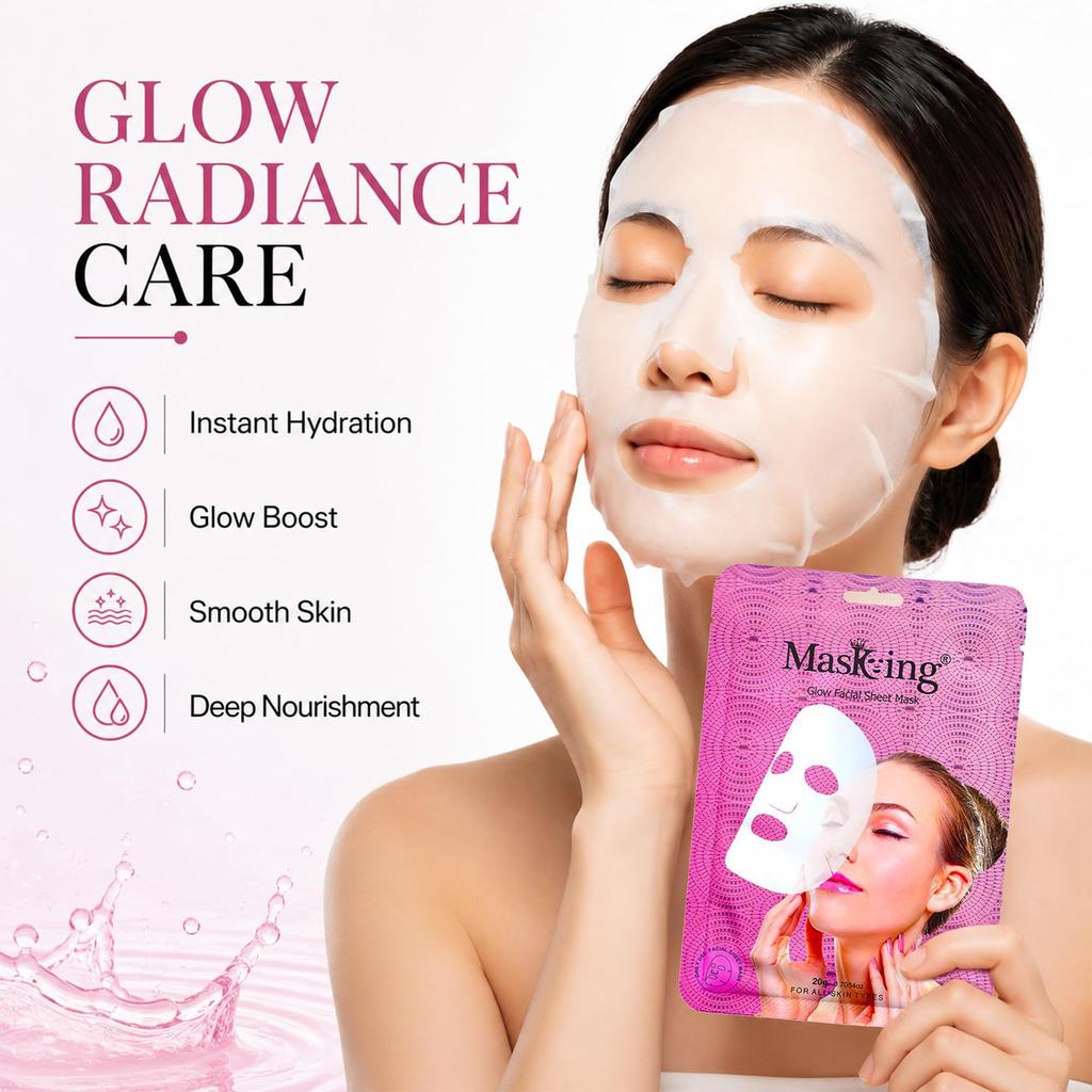 Masking Sheet Mask for Glowing Skin – Glow Facial Sheet Mask for Brightening & Lightening | Deep Hydration | Suitable for All Skin Types | Pack of