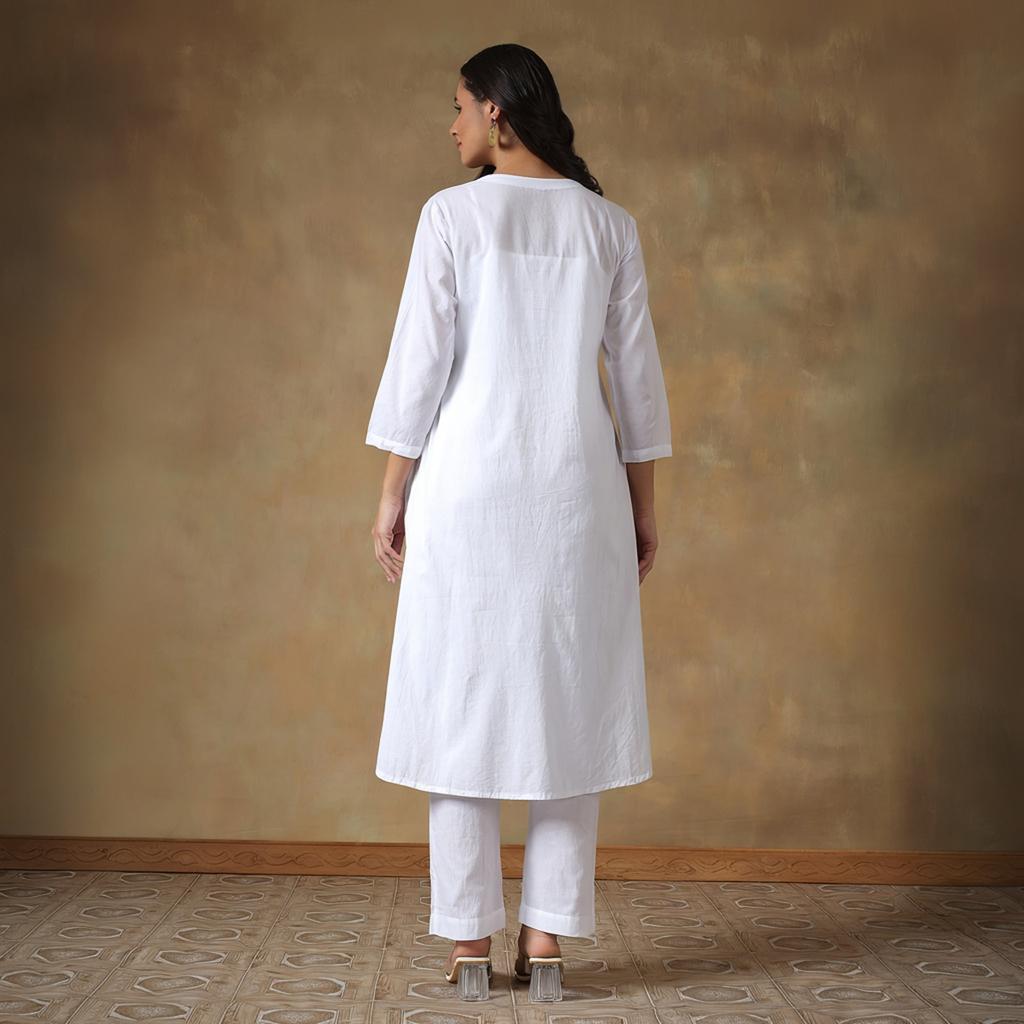 White Cotton Chikankari Lucknowi Kurta-Pant Set