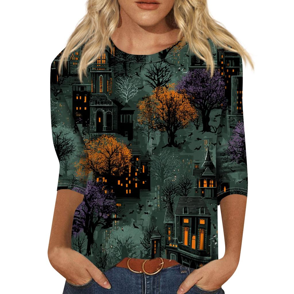 Women Halloween Print Casual Crew Neck Three Quarter Sleeve Loose Fit T Shirt Top for Autumn and Everyday Wear