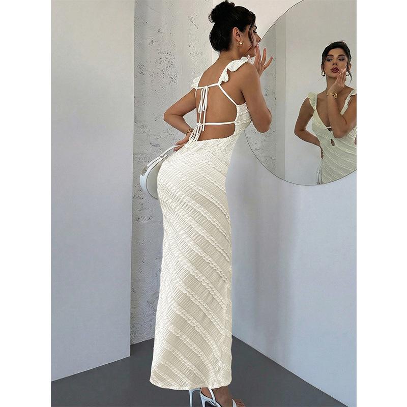New V-neck Suspender Hollow Fishtail Skirt European and American Halter Cross Lace-up Sexy White Dress