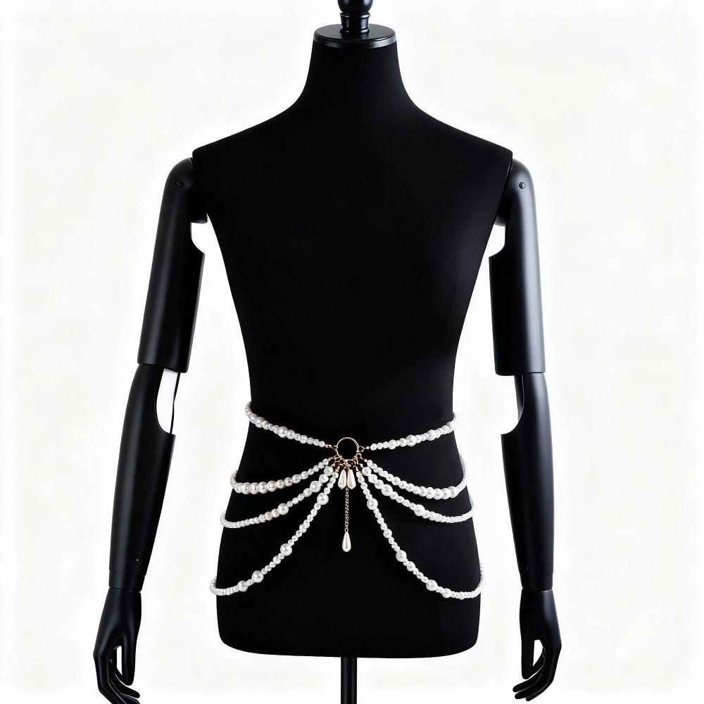 Golden Multilayer Body Chain Y2K Beadeds Body Chain Elegant Pearl Waist Chain Dress