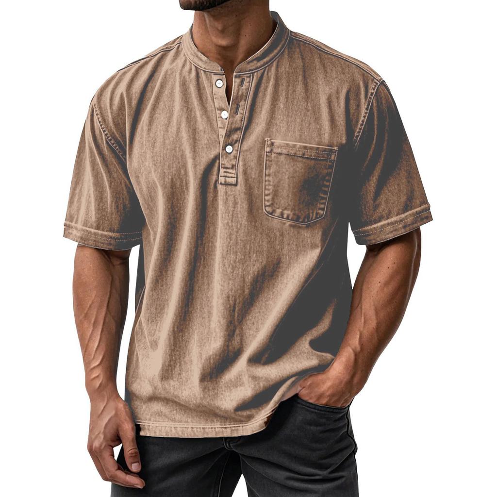 Men's Summer Round Neck Short Sleeve T-Shirt Neck Men's All- Casual Button Shirt