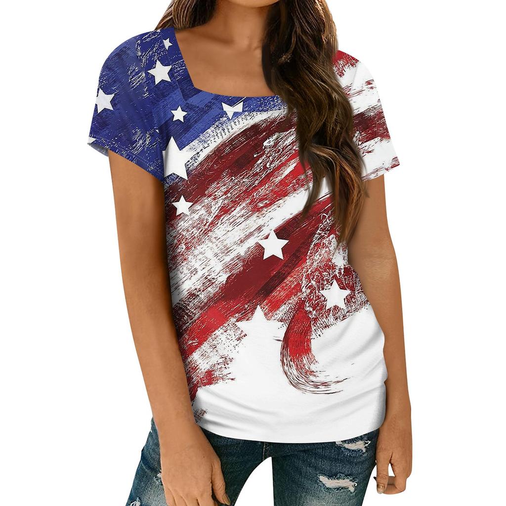 Women's Tops Spring Summer Casual T Shirt Short Sleeve Square Neck Basic Printed T Shirt