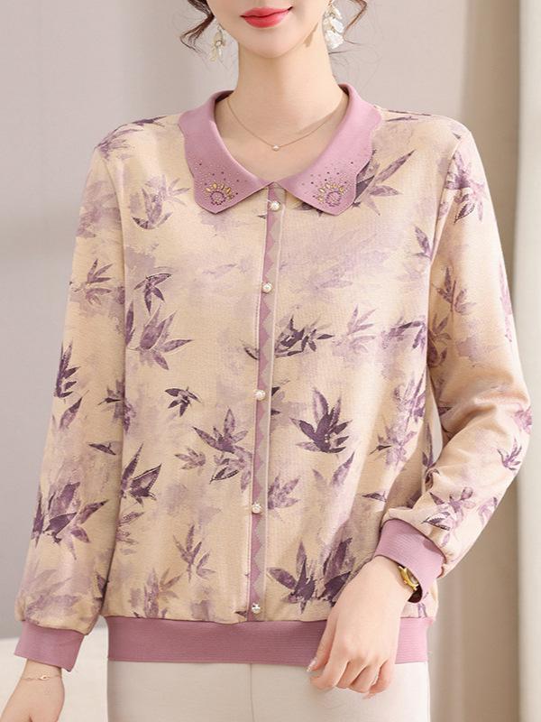 Elegant Floral Long-Sleeve T-Shirt for Middle-Aged & Elderly Women - New Chinese Style Top