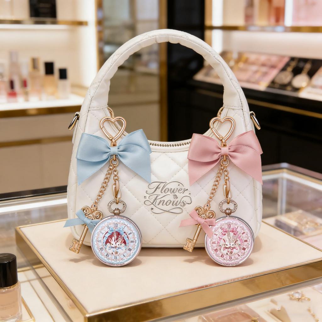 Flower Knows Makeup Bag with Bunny Garden Series Lipstick and Moisturizing Lip Balm 3-Piece Set