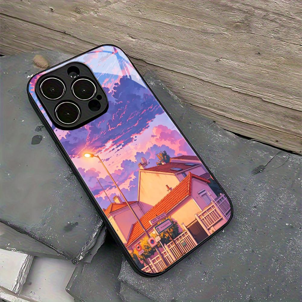 Dusk Sunset Scenery Tempered Glass Shockproof Case For iPhone 17 16 15 14 13 Pro Max Plus Lens Protection Phone Back Cover