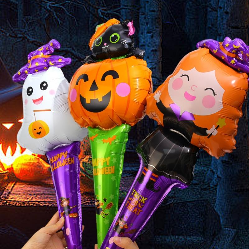50/10Pcs Cute Balloon Stick Halloween Witch Pumpkin Cat Ghost Balloons Festival Aluminum Film Globos Halloween Decoration Supply