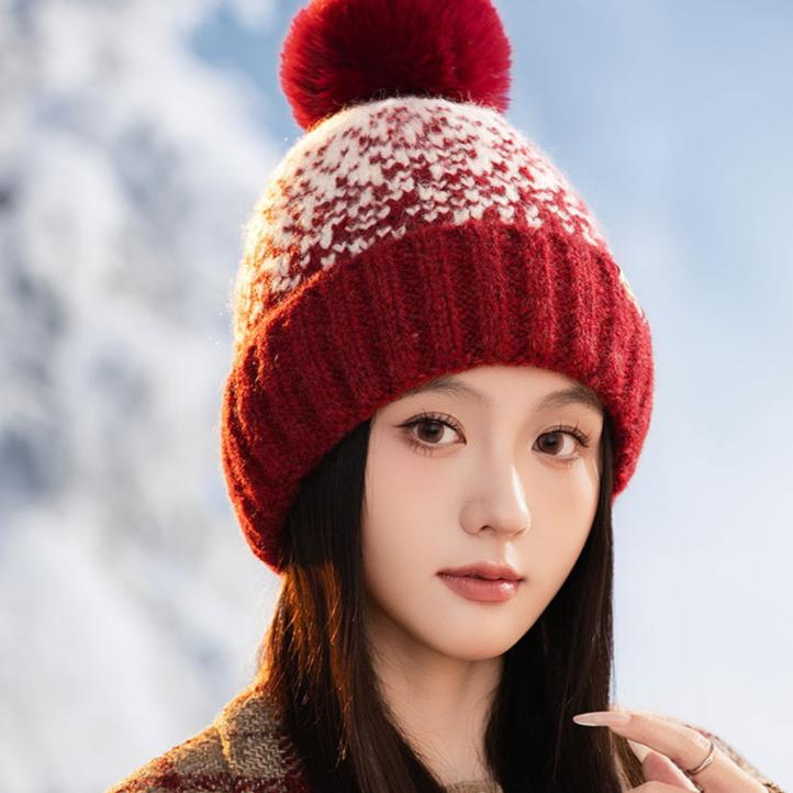Autumn and Winter Windproof Thickened Thick Thread Wool Hat Knitted Hat Jacquard Warm Ear Hat Women's Outdoor Travel