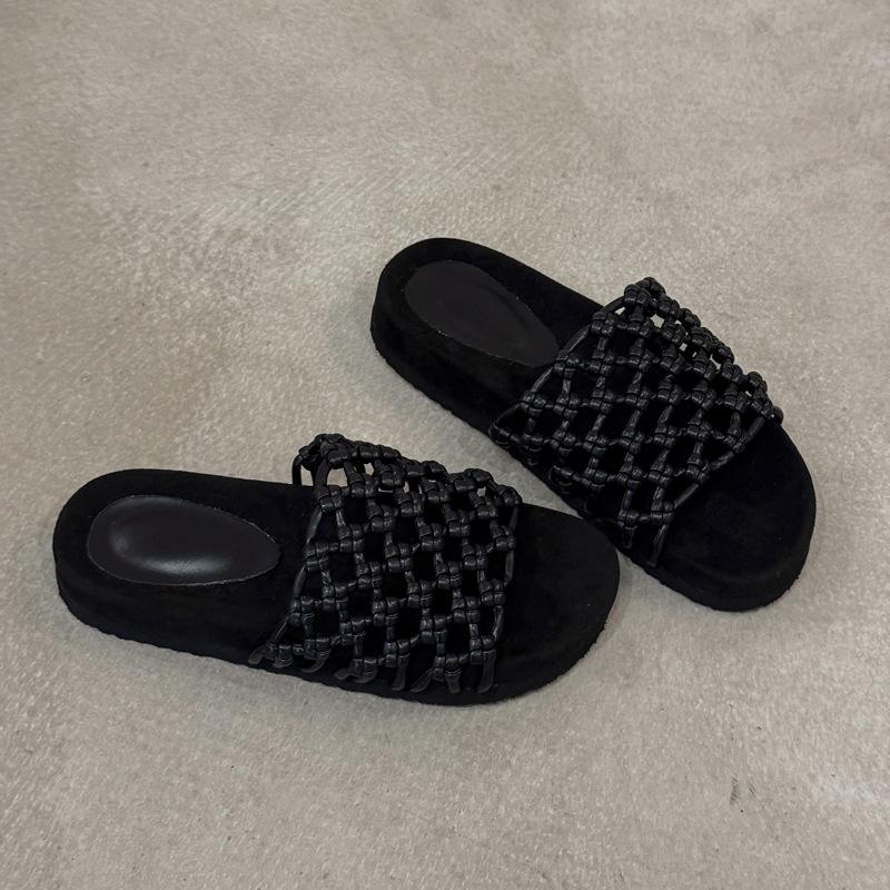 Sheepskin version~ Hand-woven fishing net hollow thick-soled beach shoes women's leather versatile casual round toe sandals