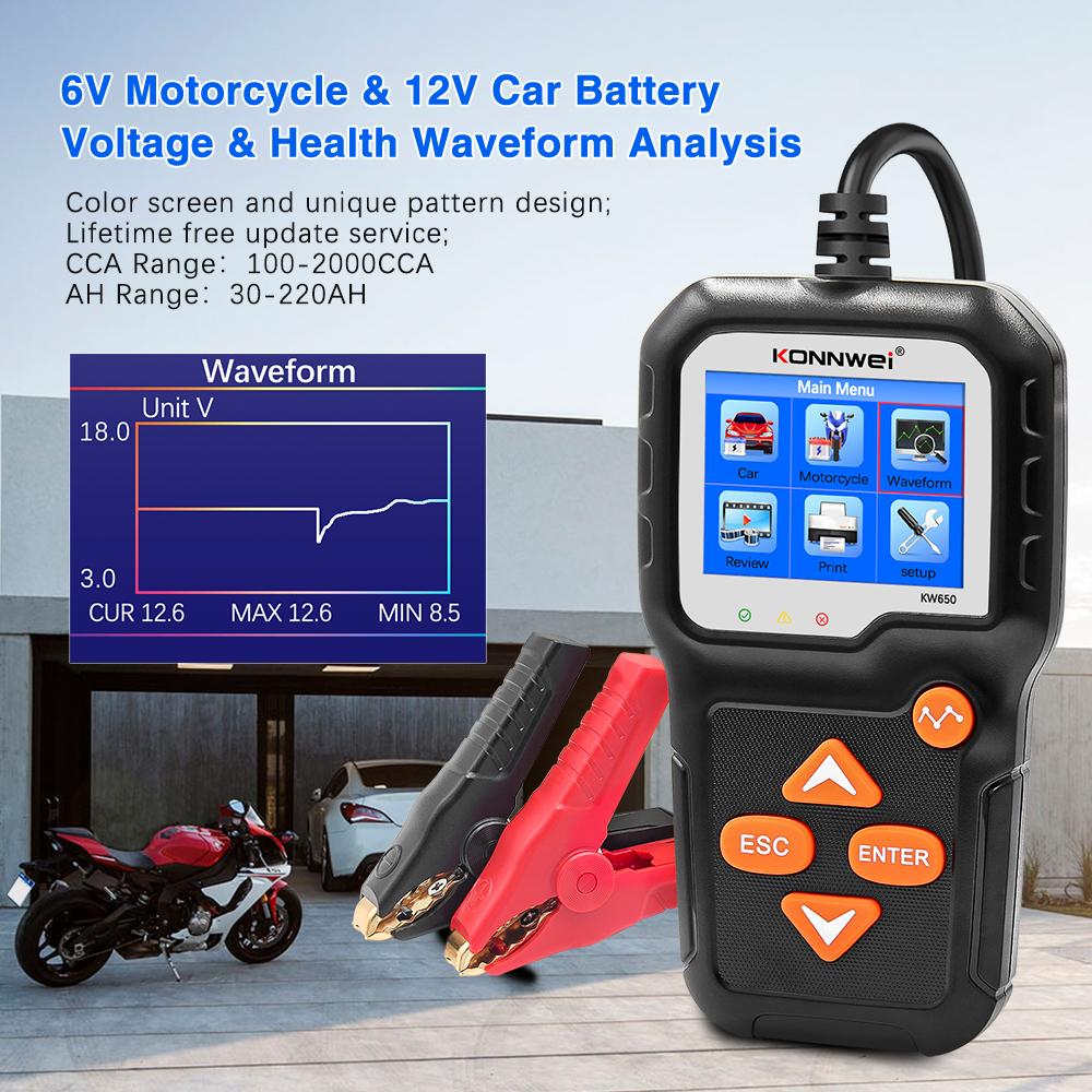 KONNWEI KW650 Car Motorcycle Battery Tester 6V 12V Battery Analyzer Diagnostic Tool 100 to 2000 CCA Car Moto Cranking Charging Test Scanner Tool