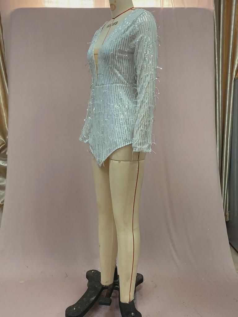 2025 Europäische & Amerikanische Damen Pailletten Quasten Tiefer V Minirock