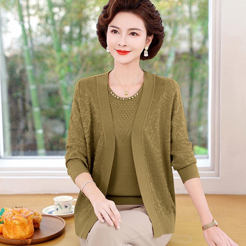 

Stylish Plus Size Knit Cardigan Set for Senior Women - Loose-Fit, Hollow-Out Design 3XL (recommended 60-67.5 kg) зелений