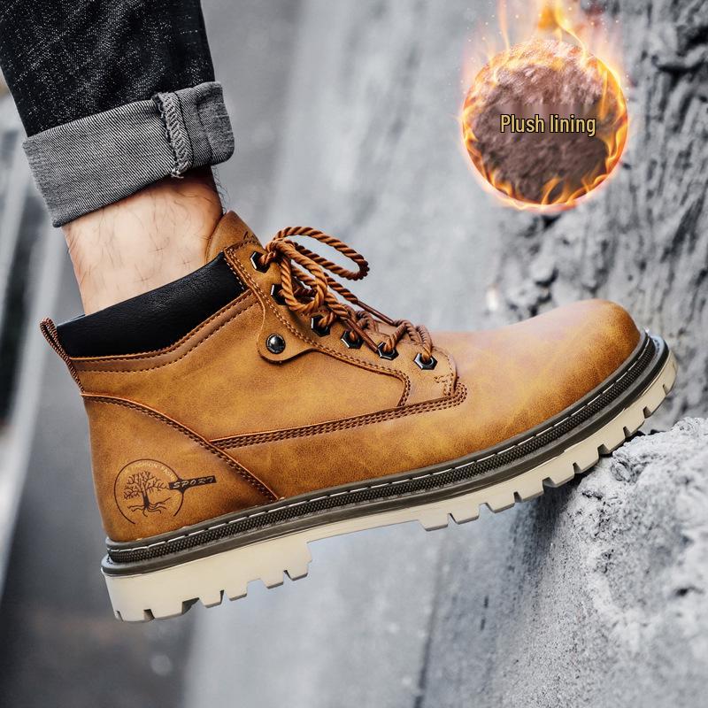 Men's Fleece-Lined Martin Boots, High-Top Leather Work Boots, Non-Slip, British Casual, Wear-Resistant, Large Sizes Available