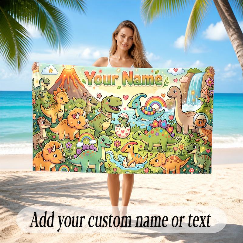 Dinosaur Theme Quick Dry Beach Towel Custom Name Text Print Large Sand Resistant Towel Beach Vacation