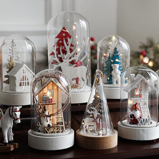 Christmas Figures In Glass Dome Tabletop Decoration LED Light Up Christmas Cloche Ornaments for Indoor Home Tabletop Decor
