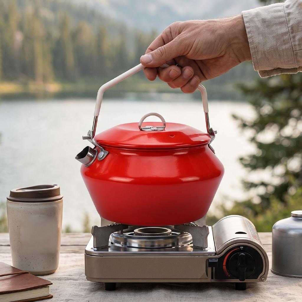 Camping Kettle 304 Stainless Steel Outdoor Coffee Tea Pot with Thick Silicone Handle Red Enamel Coating Fast Heating Portable Water Boiler for Hiking