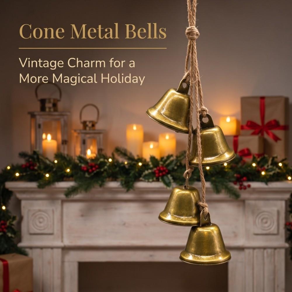 Bronze color Christmas Cone Metal Bells Rustic Hangable Christmas Bell Pendant DIY Craft Hollow Antique Finished Hanging Bell