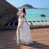 Water Gloss Yarn Lace Jacquard Splicing Long Vacation Lace Mesh Yarn Neck Yarn Backless Skirt Dress Printed Fairy Skirt