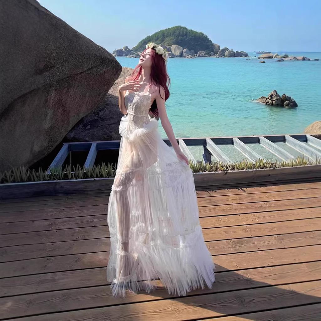 Water Gloss Yarn Lace Jacquard Splicing Long Vacation Lace Mesh Yarn Neck Yarn Backless Skirt Dress Printed Fairy Skirt