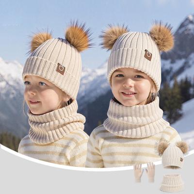 Kinderhoed Winter Buiten Warm Driedelig Set Jongens Meisjes Fluweel Oorbescherming Hoed Bontbal Gebreide Wollen Hoed