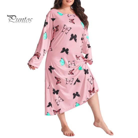 

Ночная рубашка больших размеров с принтом бабочек и круглым вырезом, ночная рубашка свободного покроя, домашний наряд для отдыха, с длинными рукавами, длиной до икры, одежда для сна XXXL розовый