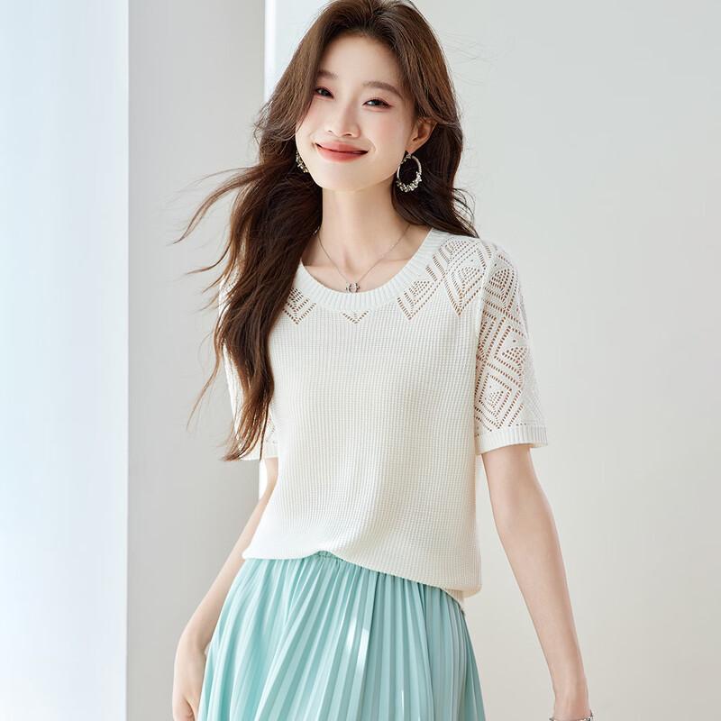 Srcr Women's Premium Hollow-Out Knit Short Sleeve Top with Silk Blend