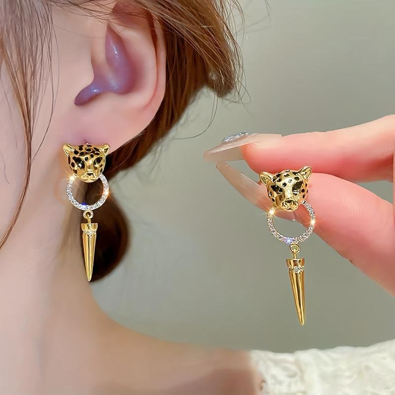 Gold Enamel Leopard Cone Dangle Earrings Personalized Hip Hop Trendy Punk Animal Jewelry Women'S Holiday Party Accessories