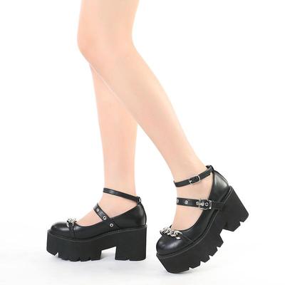 Buty Lolita Mary Jane okrągłe Toe masywne obcasy czółenka na platformie dla kobiet z łańcuszkiem Plus rozmiar obuwie codzienne wygodne