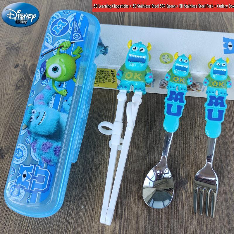 Disney 3D Cartoon Children's Stainless Steel Cutlery Set: Fork, Spoon, and Training Chopsticks