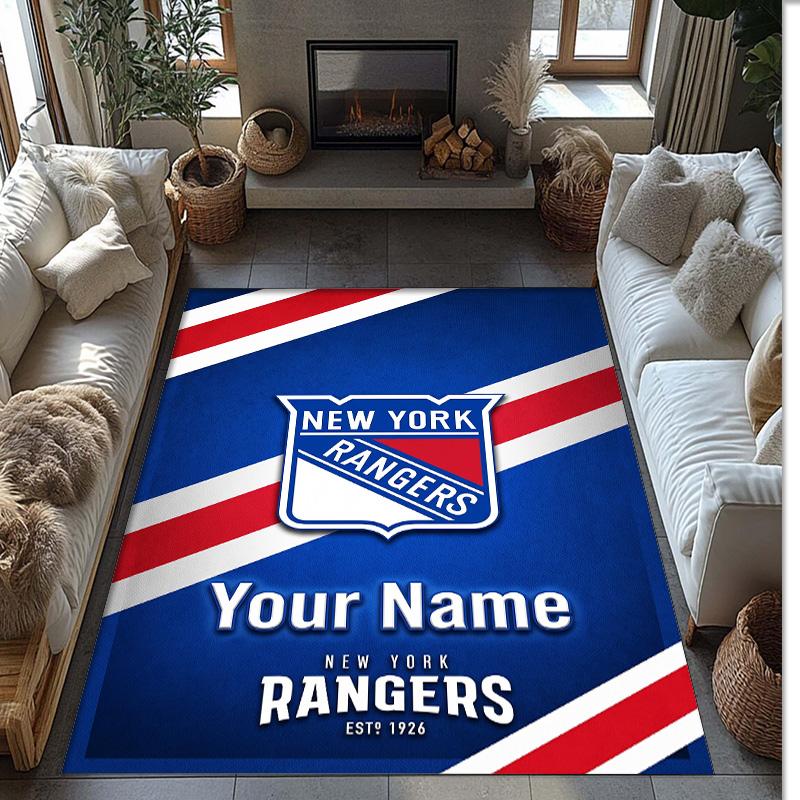 New York Rangers Crystal Velvet Rug, Custom Name Text Personalized Non‑Slip Floor Mat for Home Decor Gift