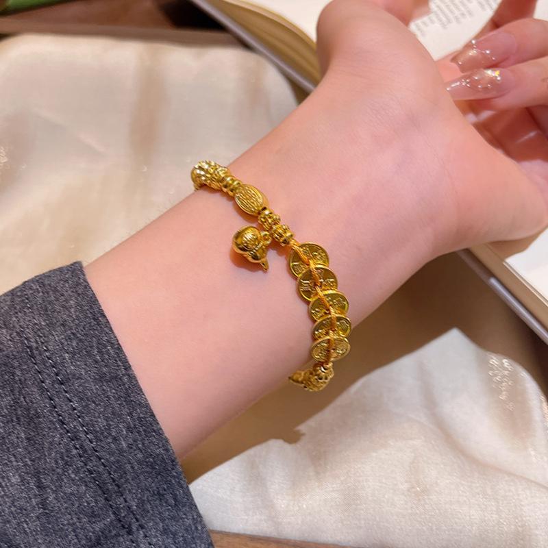 Brushed Gourd Coin Pendant Bracelet for Women Exquisite Retro Gold-Color Bead Bracelet Chinese Style Versatile Jewelry Gift 2025