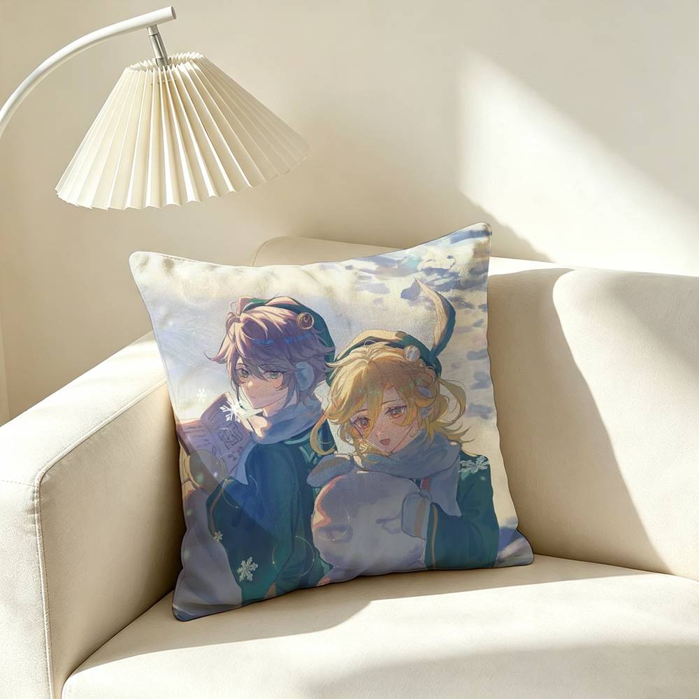 A-Alhaitham Kaveh Genshin Impact Square Double-Sided printed Pillow Case Bedroom Bedside Pillow Sofa Cushion Cover