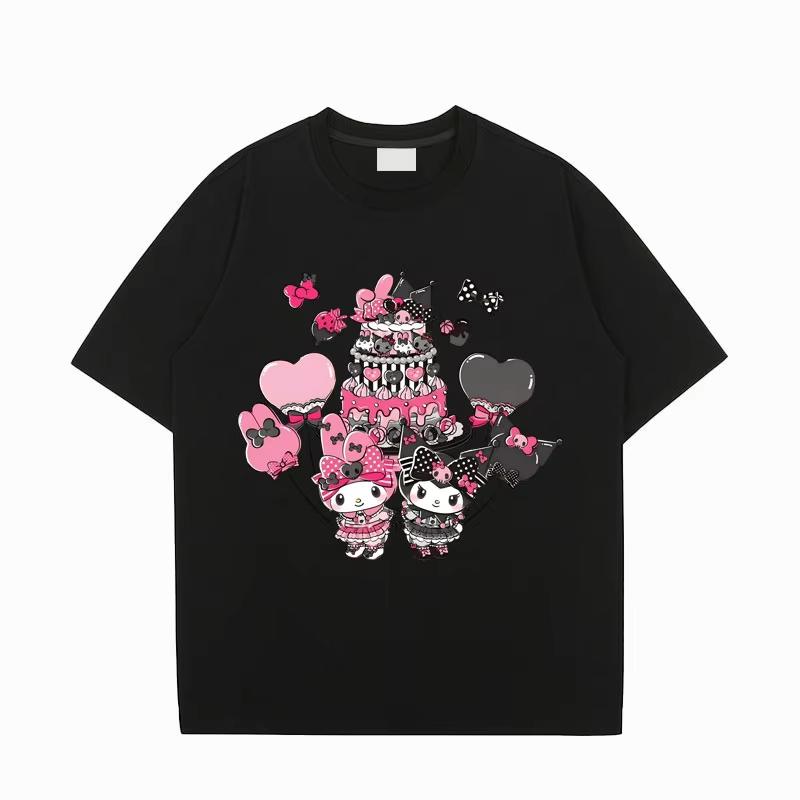 

Kuromi and My Melody Tshirt Cartoon Pink Shortsleeve Top Womens Loose Casual Soft Cotton Tshirt Comfortable S