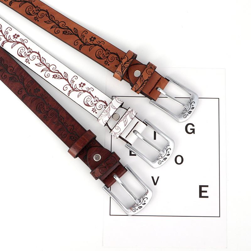 Leather Inspired Boho Belt With Embossed Design And Silver Buckle For Womens