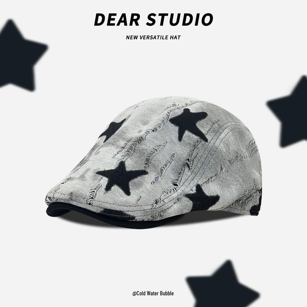Korean Style Women's Versatile Distressed Star Newsboy Cap, Reversible Trendy Beret for Large Head Circumference