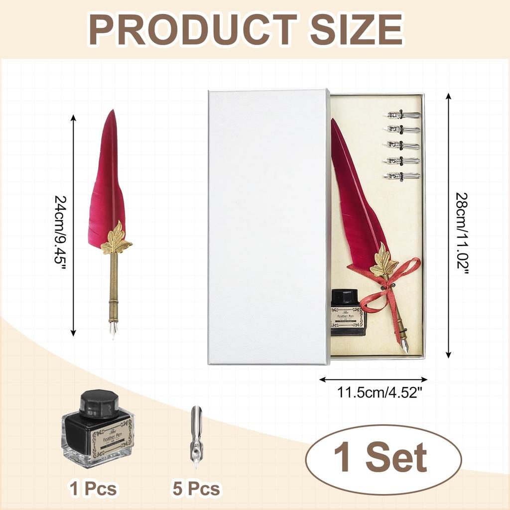 PATIKIL Feather Pen 1 Vintage Feather Calligraphy Fountain Dip Pen Pen for Beginner with Interchangeable Dark Red Set, Set, Pen, Set, Ink, Holder,