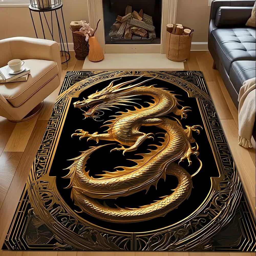 Golden Dragon Art Deco Design Patterned Carpet, Non Slip Mat Suitable for Living Room and Bedroom Sofas
